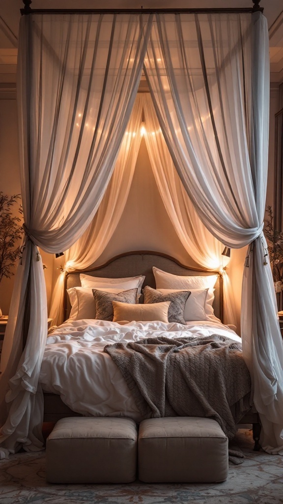 A cozy bedroom with a romantic bed canopy setup, featuring sheer curtains, soft lighting, and plush bedding.