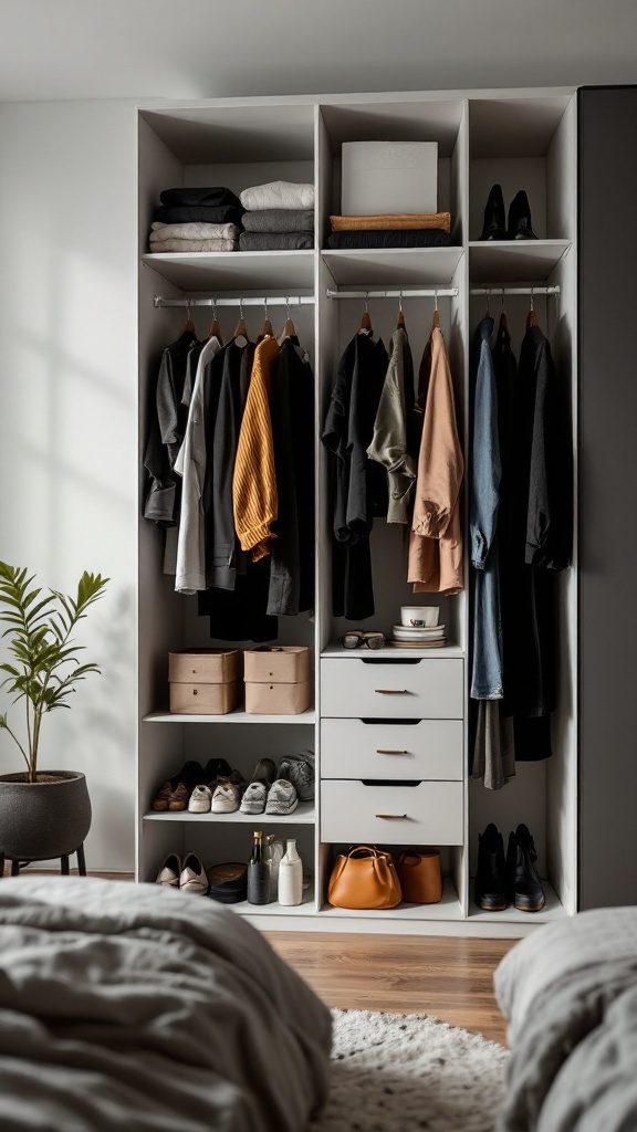 A stylish shared wardrobe with hanging clothes, folded items, storage boxes, and a plant.