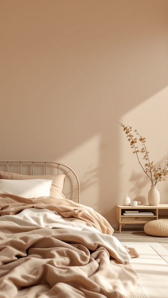 A cozy bedroom with a warm color palette featuring beige and cream tones, plush bedding, and decorative dried flowers.