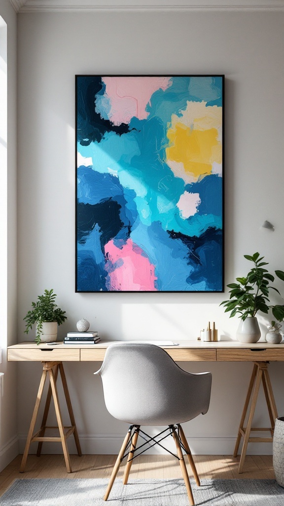 A vibrant abstract painting featuring shades of blue, pink, and yellow, displayed above a stylish desk in a modern office.