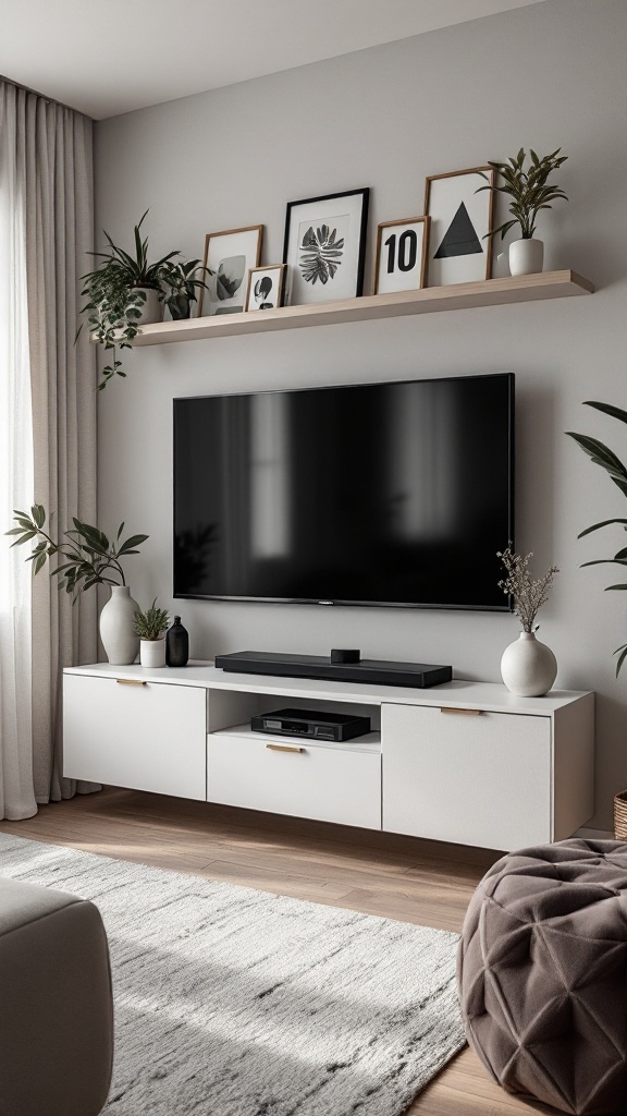 Compact entertainment center featuring a TV, decorative shelves, and plants in a small living room