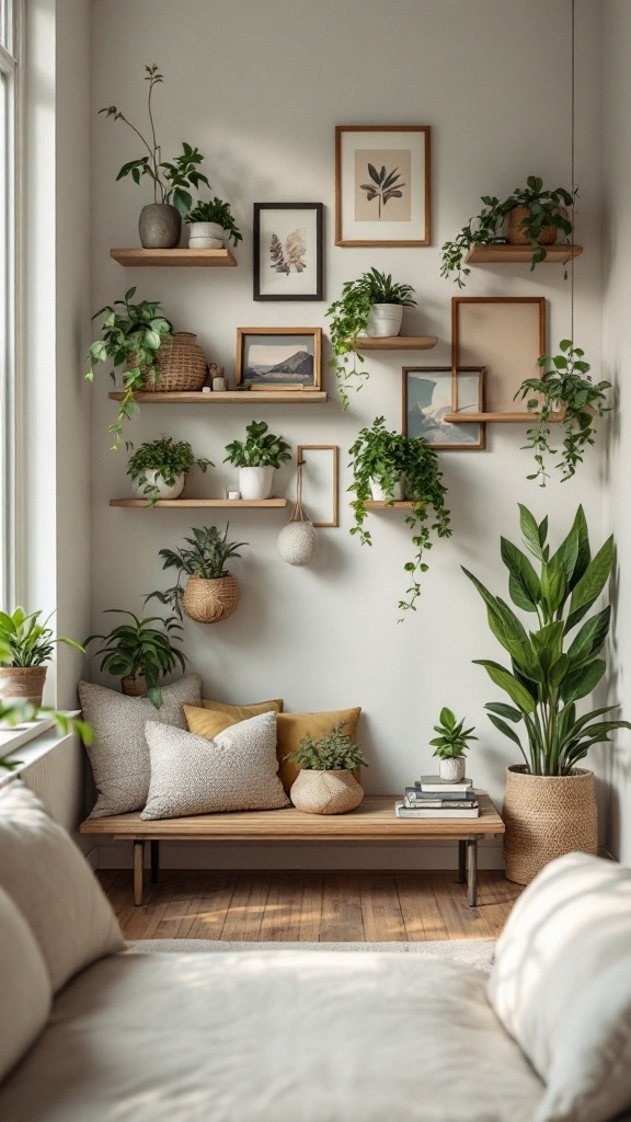 A cozy living room corner featuring vertical shelves adorned with plants and framed pictures.