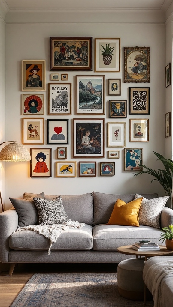 A cozy living room featuring an eclectic wall art arrangement above a comfortable gray sofa.