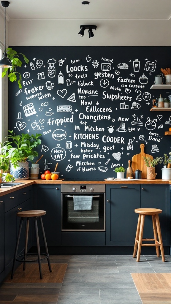 A kitchen with a chalkboard wall filled with doodles and notes, showcasing a lively and creative atmosphere.