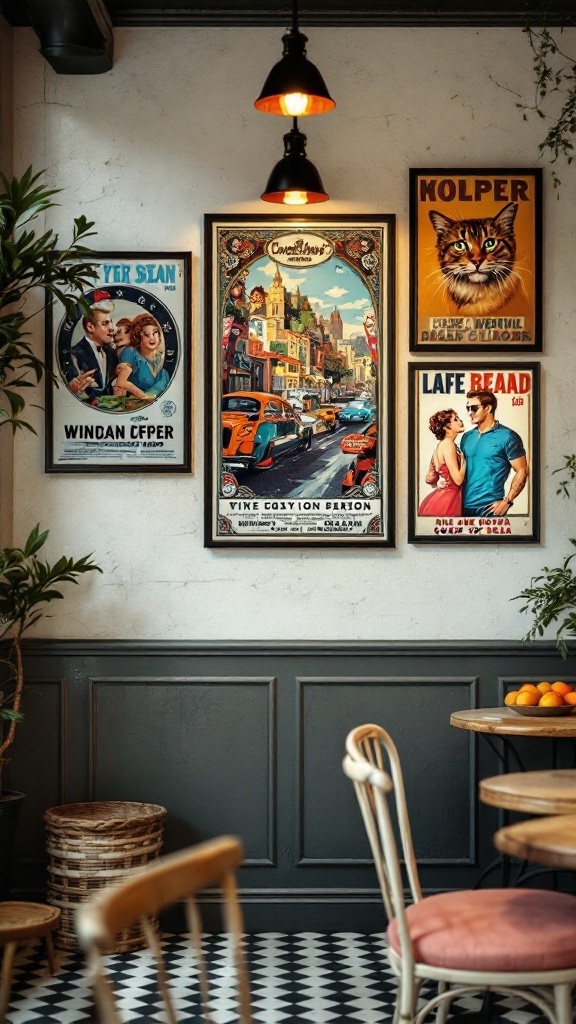 A cozy space featuring framed vintage posters on the wall, creating an inviting atmosphere.