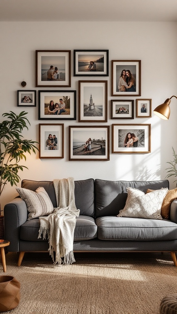 Gallery wall featuring personal photos above a gray sofa in a cozy living room