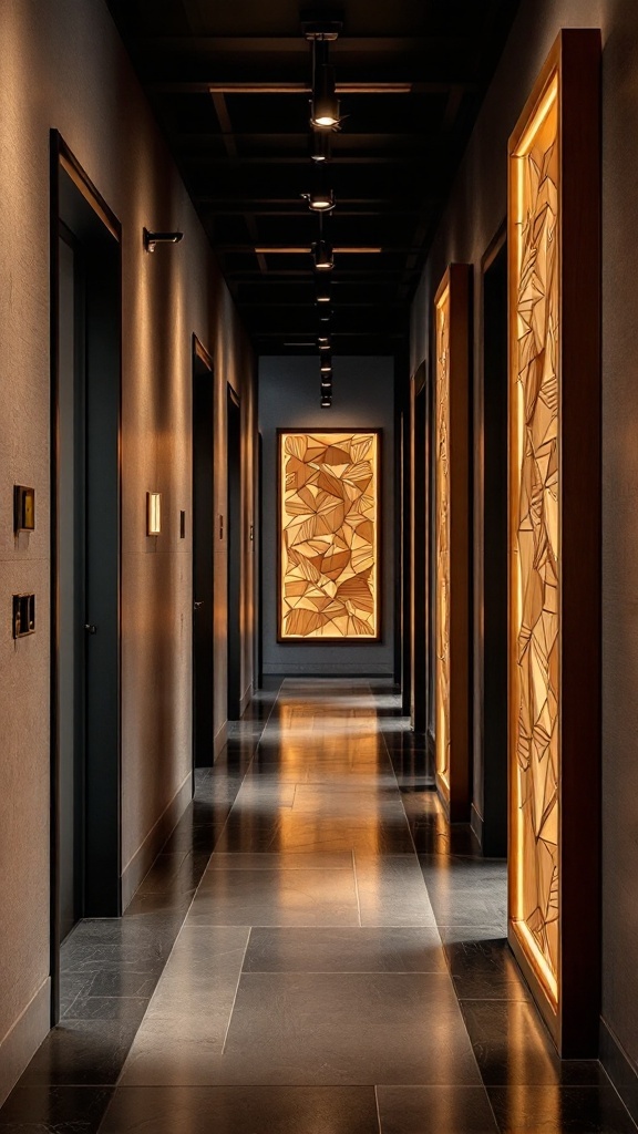 A hallway with geometric wood art panels illuminated by warm lighting.