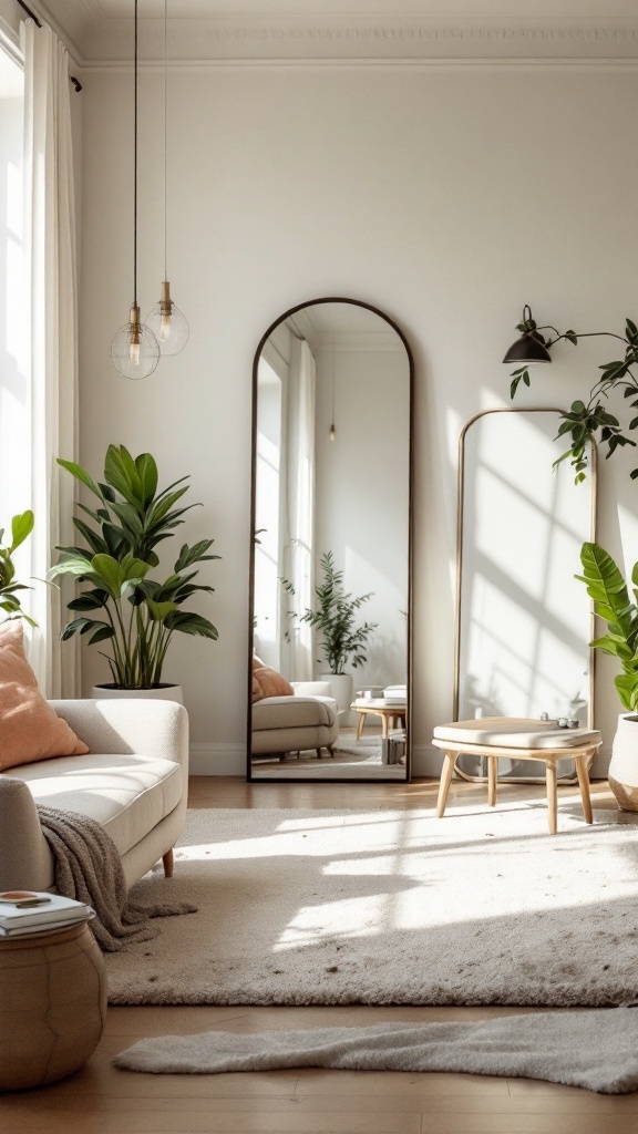 A cozy living room featuring large mirrors, plants, and soft lighting