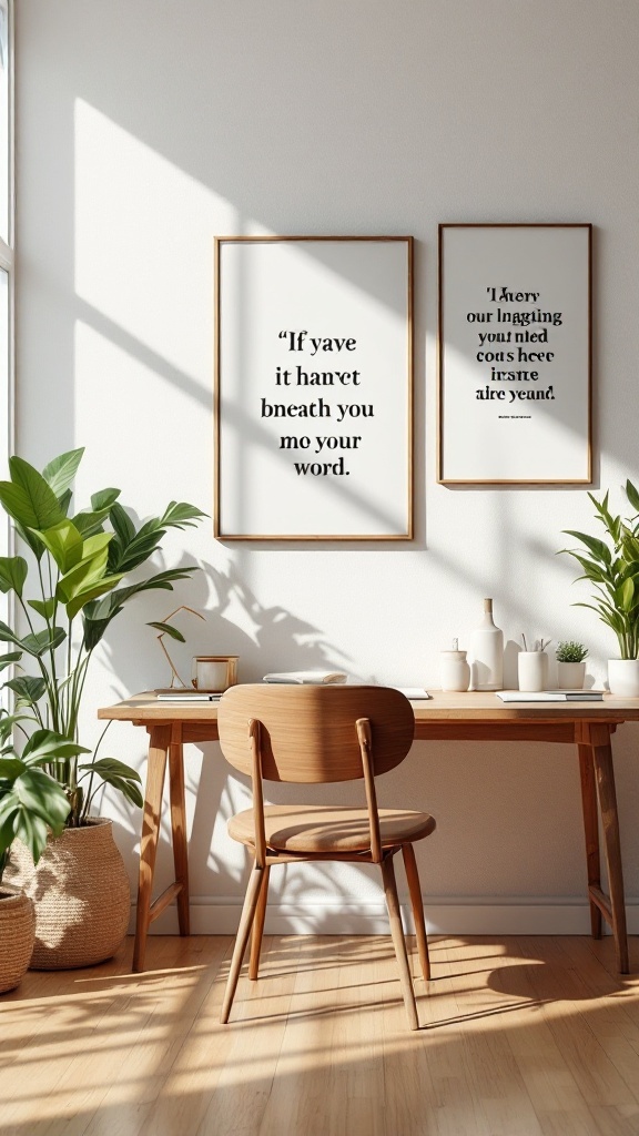 A bright workspace featuring two inspirational quote prints framed on the wall, a wooden desk, and potted plants.