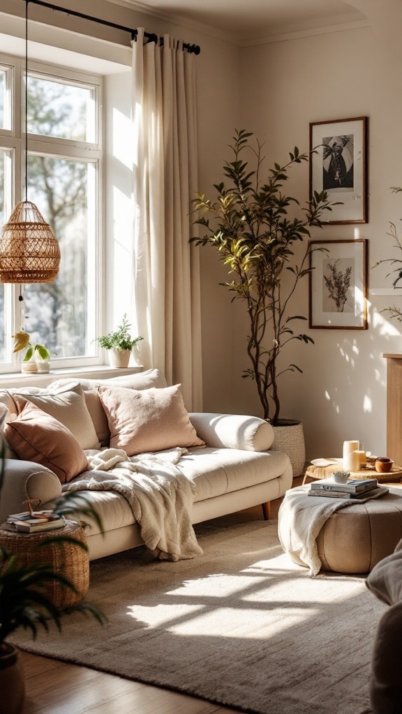 A cozy living room featuring light colors, plants, and soft textiles creating an open feel.
