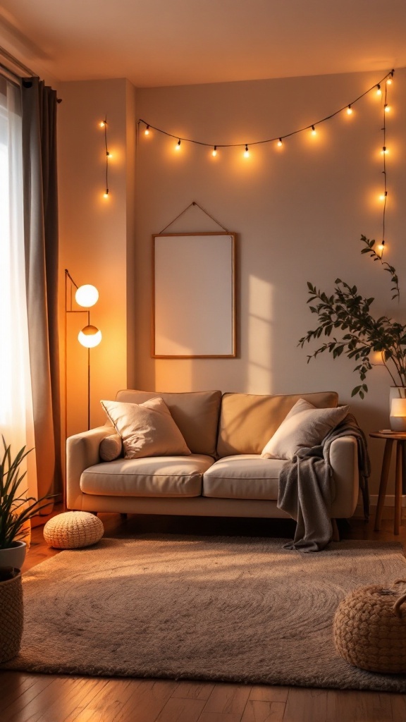 Cozy living room with warm lighting, a sofa, and decorative plants.