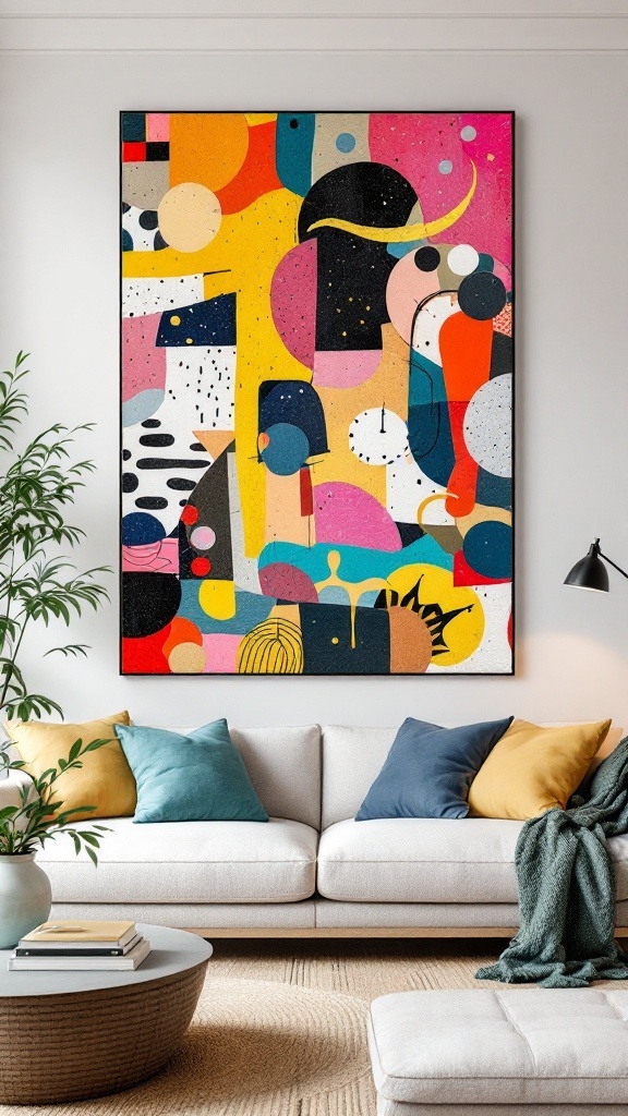 A colorful mixed media collage art piece displayed on a wall above a modern sofa, featuring various shapes and patterns in vibrant colors.