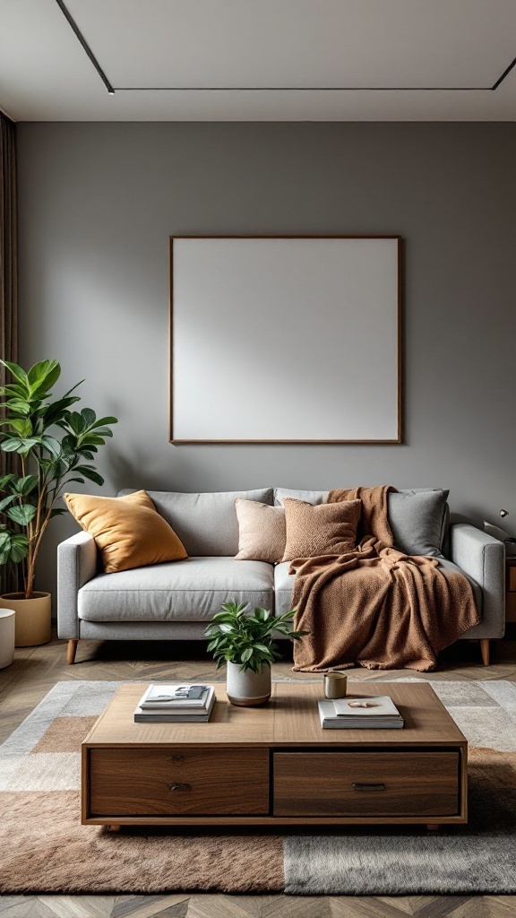 A stylish small living room featuring a gray couch, wooden coffee table, and a large plant