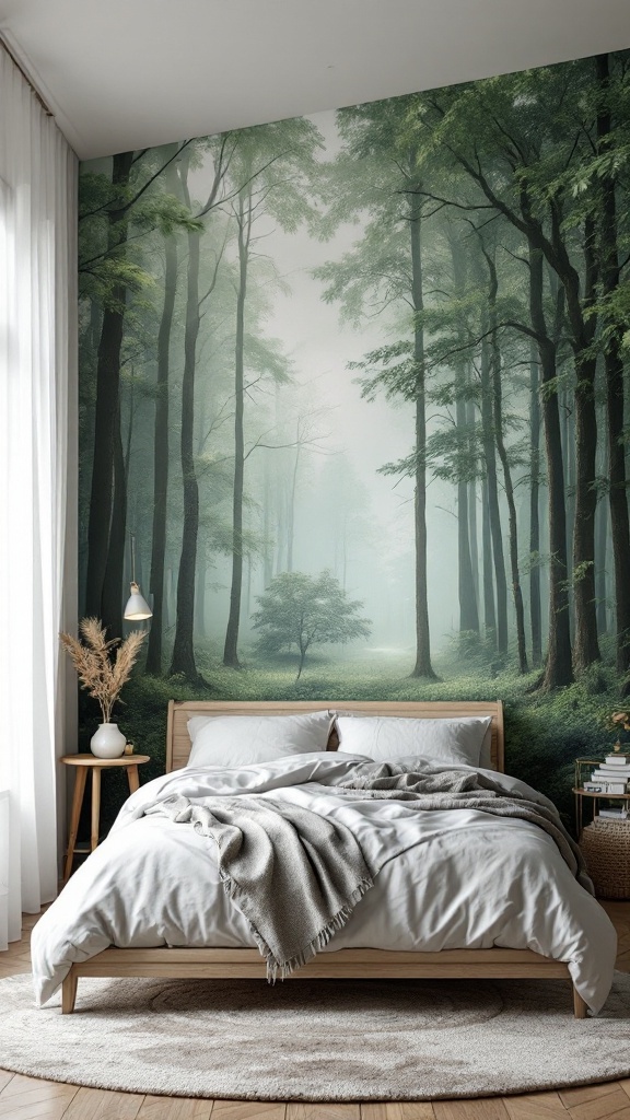 A serene forest mural in a bedroom, featuring tall trees and soft fog, creating a calming atmosphere.