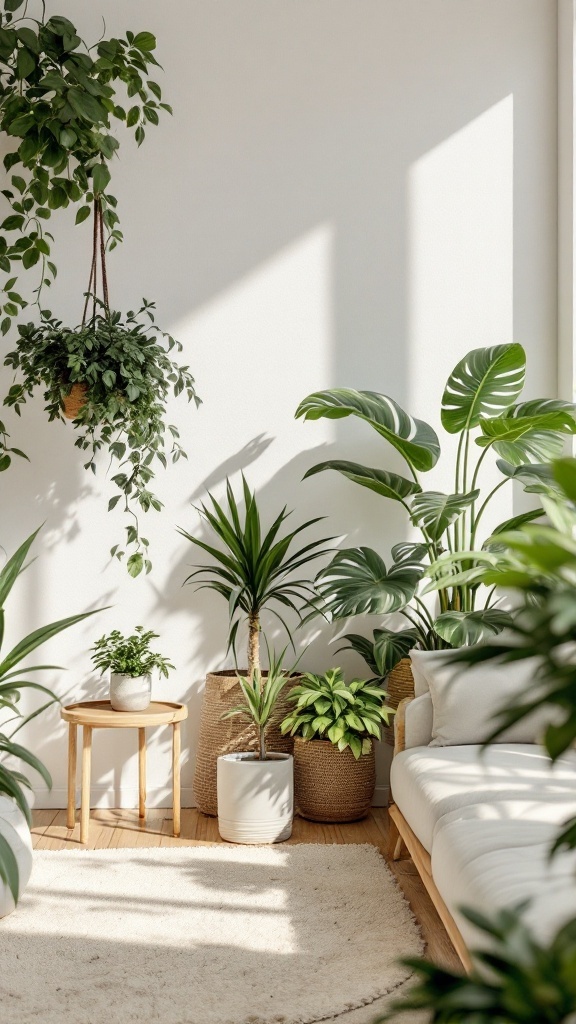 A bright living room corner with various indoor plants, including hanging plants and potted plants, creating a fresh and inviting atmosphere.