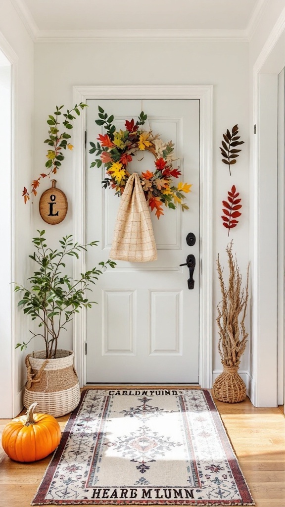 A welcoming entryway featuring a colorful autumn wreath, a pumpkin, and seasonal decorations on the wall.