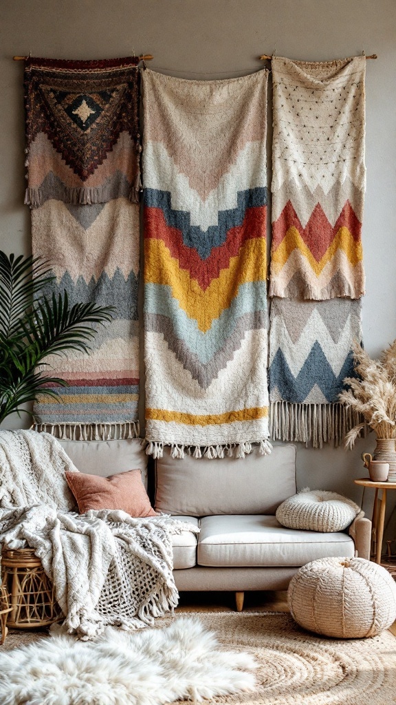 A cozy living room featuring textured textile wall hangings in various patterns and colors, complemented by soft furnishings.