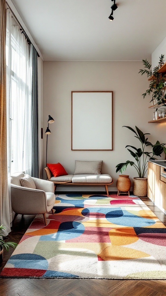 A cozy living room featuring a colorful rug that defines the seating area, with plants and natural light.