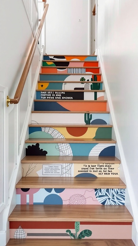 A colorful staircase with artistic murals and patterns on the steps