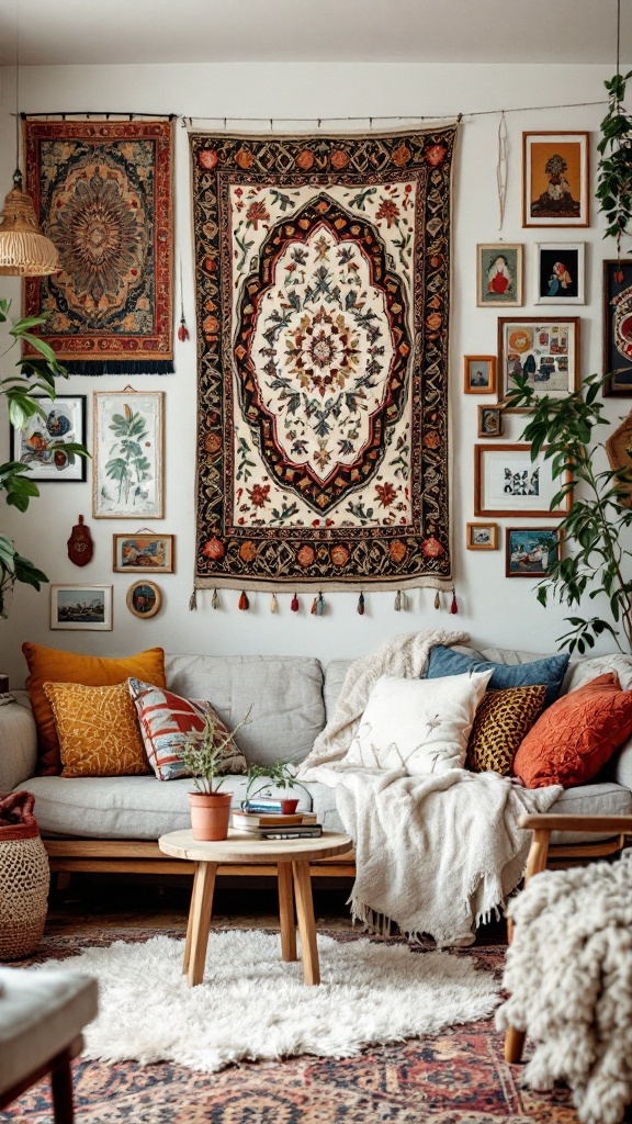 A bohemian living room featuring colorful tapestries and a gallery wall of framed art.