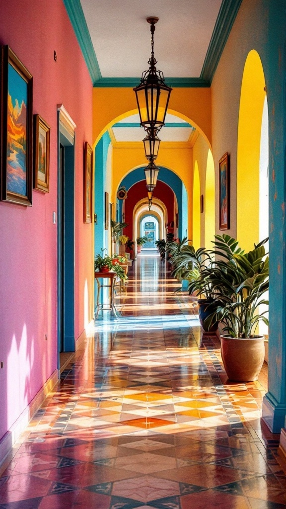 A colorful hallway with pink, yellow, and blue walls, adorned with plants and paintings.