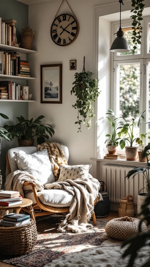 A cozy bohemian living room with a reading corner featuring an armchair, plants, and books.