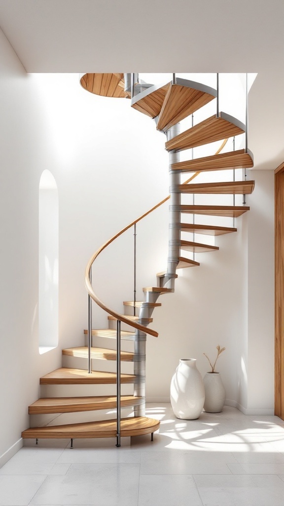 A modern spiral staircase with wooden steps and a metal frame, surrounded by bright light and minimal decor.