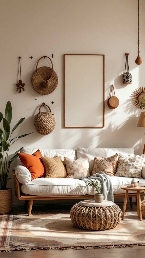 A cozy bohemian living room featuring a white couch with colorful pillows, woven baskets on the wall, a round woven ottoman, and a plant, all creating a warm and inviting atmosphere.