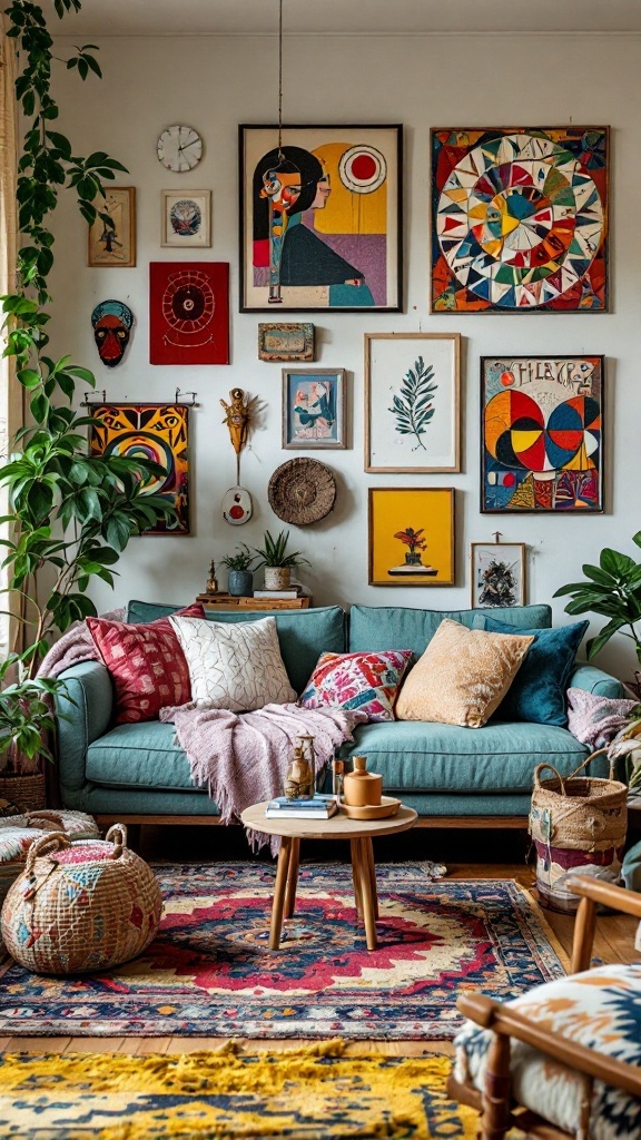 A colorful bohemian living room with eclectic furniture choices, including a teal sofa, diverse cushions, a round wooden coffee table, and vibrant rugs.