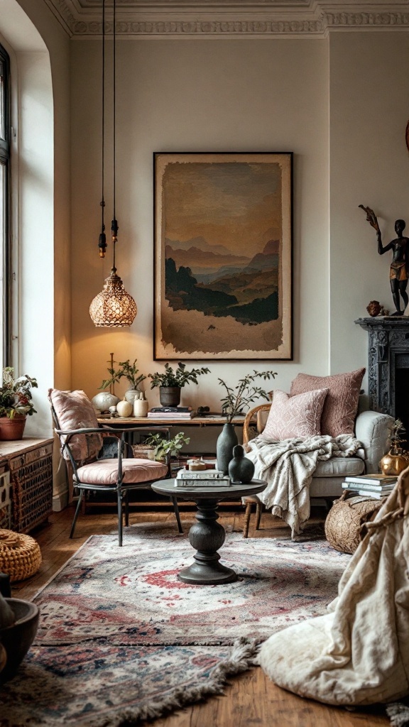 A cozy bohemian living room with global accessories, featuring a mix of textures and cultural elements.