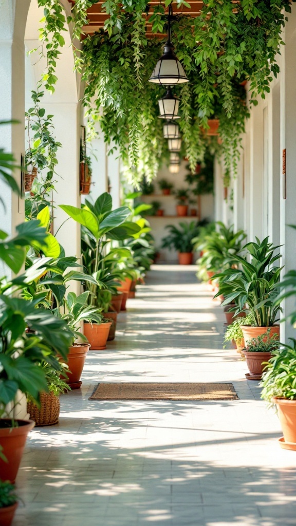 A hallway decorated with an abundance of potted plants and hanging greenery, featuring soft lighting and a welcoming atmosphere.