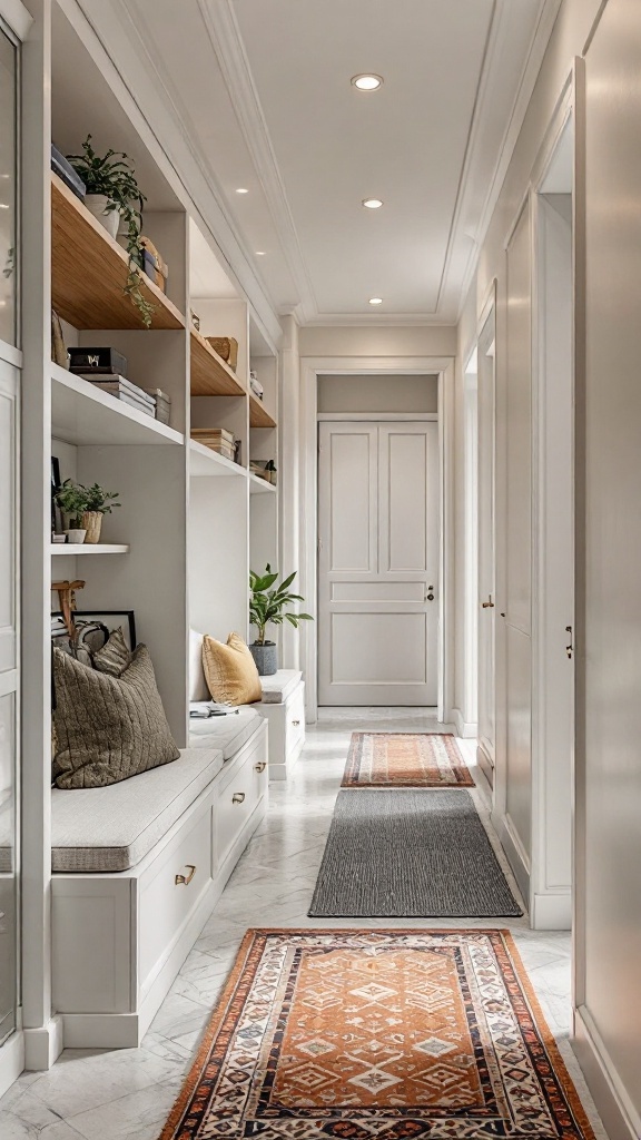 A modern hallway featuring built-in shelves, a storage bench, and decorative rugs.