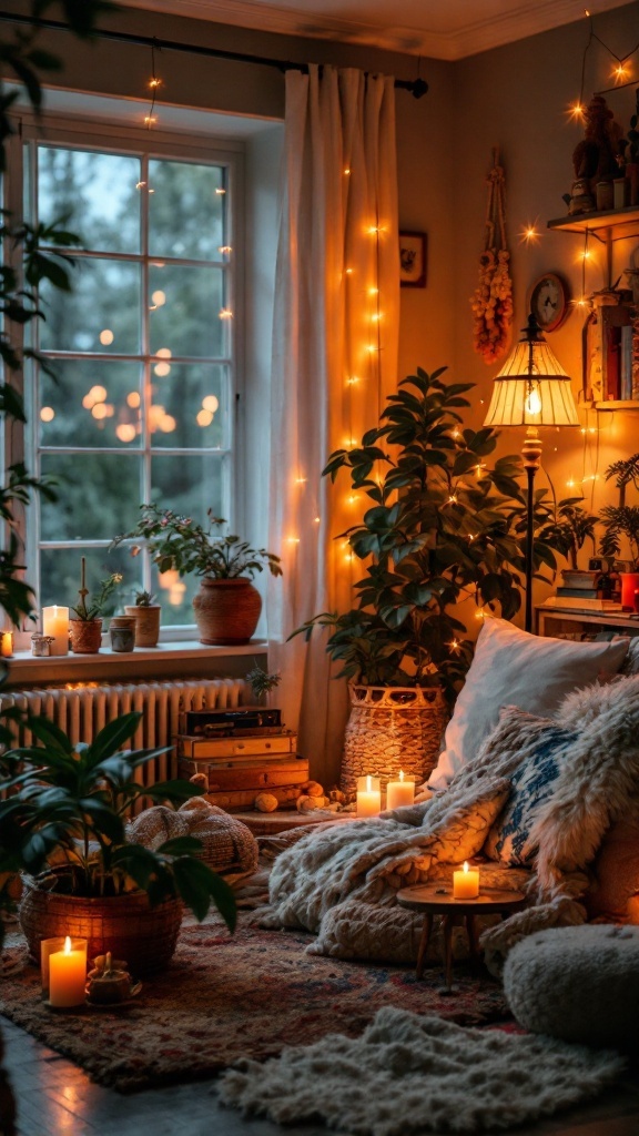 A cozy bohemian living room with layered lighting from string lights, candles, and a table lamp.