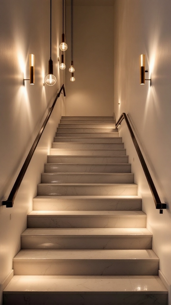 Stylish staircase illuminated with hanging lights and wall sconces