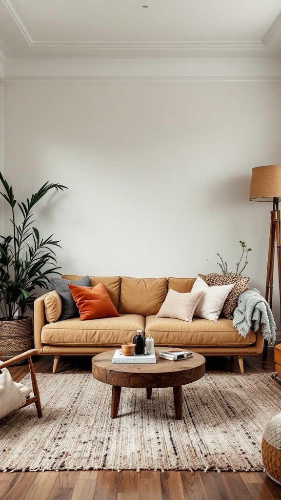 Cozy Bohemian living room with a vintage-modern mix, featuring a caramel sofa, colorful pillows, a rustic coffee table, and plants.