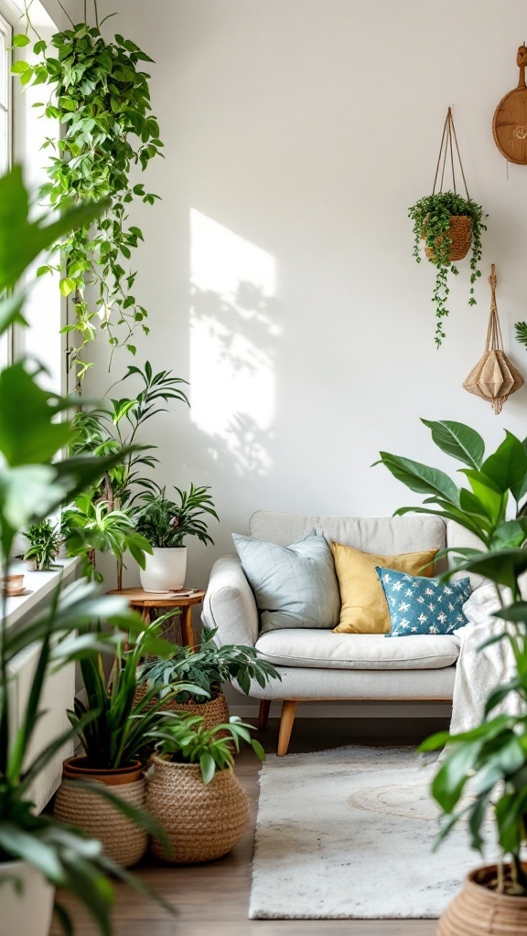 A bright and cozy Bohemian living room filled with various plants, a soft sofa, and natural decor.