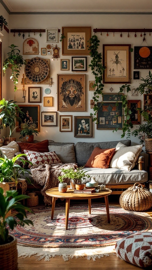 Cozy bohemian living room with eclectic wall art and plants.