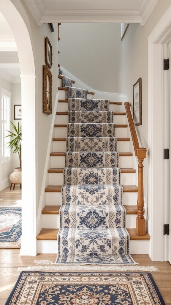 A staircase with a floral runner and a matching area rug.