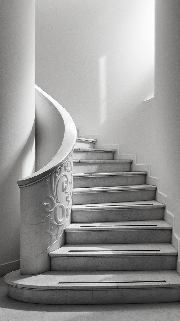 Curved marble staircase with intricately designed handrail