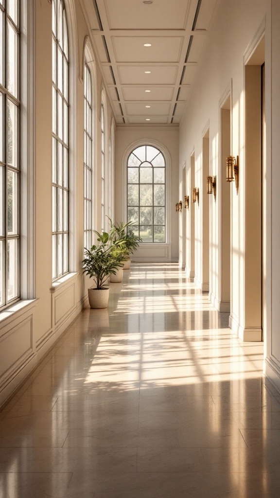 A well-lit hallway with large windows and a potted plant, showcasing the use of natural light in design.