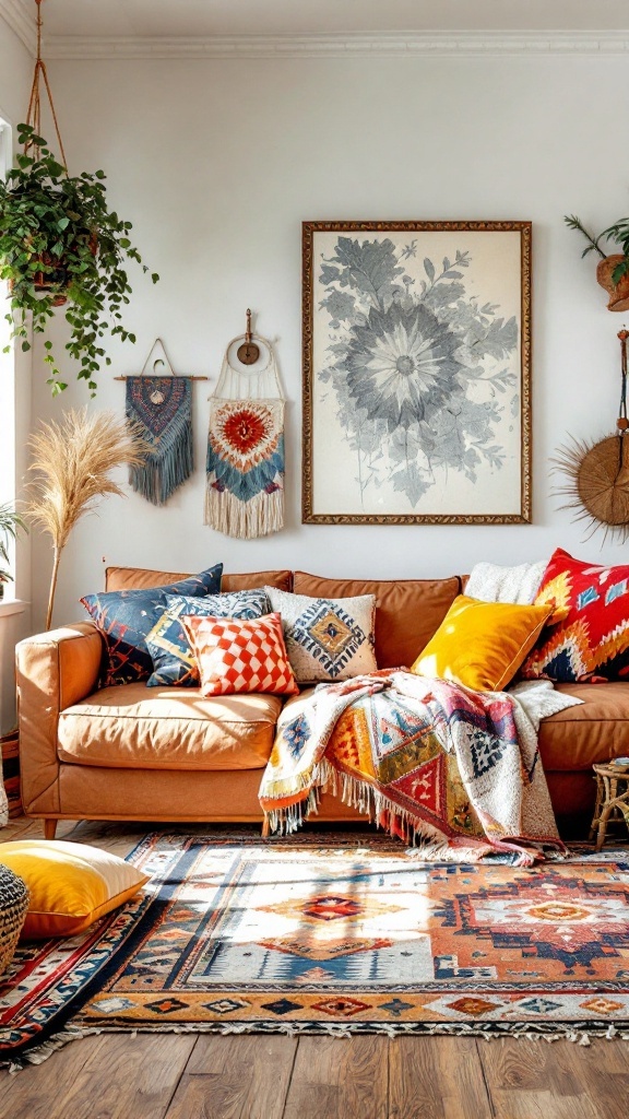 A cozy Bohemian living room featuring a colorful couch with various patterned cushions, a decorative area rug, and wall art.