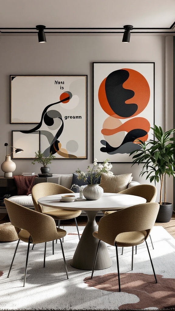 A modern living room and dining room combo featuring abstract art, a round dining table, and contemporary chairs.