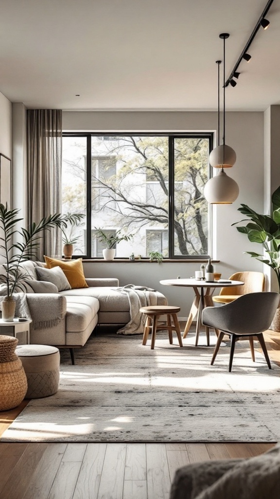 A modern living room and dining room combo featuring a beige sofa, wooden dining table, and plants.