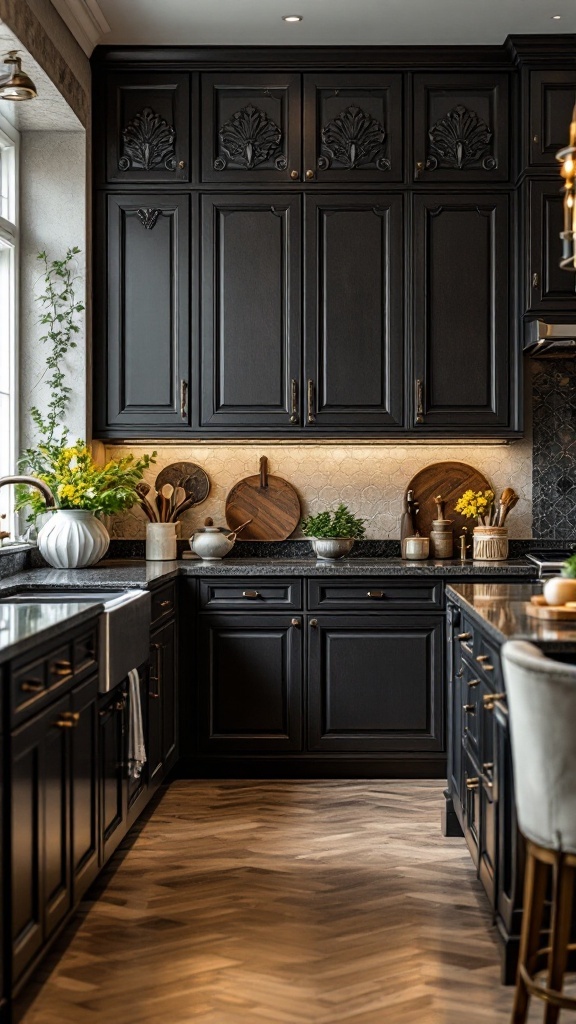 A modern kitchen with custom black cabinetry, wooden accents, and elegant decor.