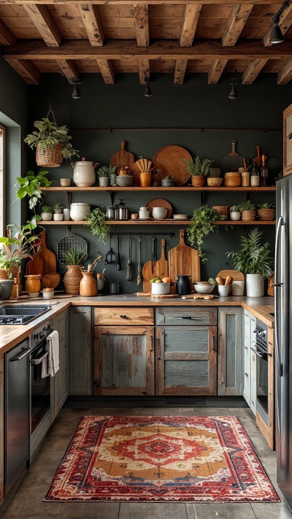 A cozy kitchen featuring reclaimed wood cabinets, green plants, and earthy decor.