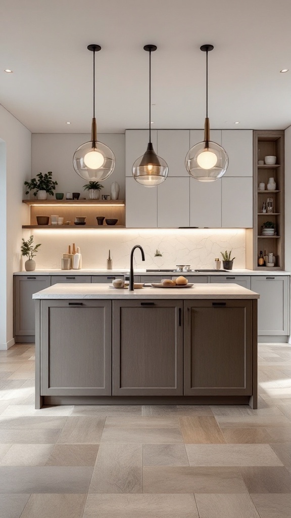 Elegant kitchen with modern hanging lighting fixtures above an island