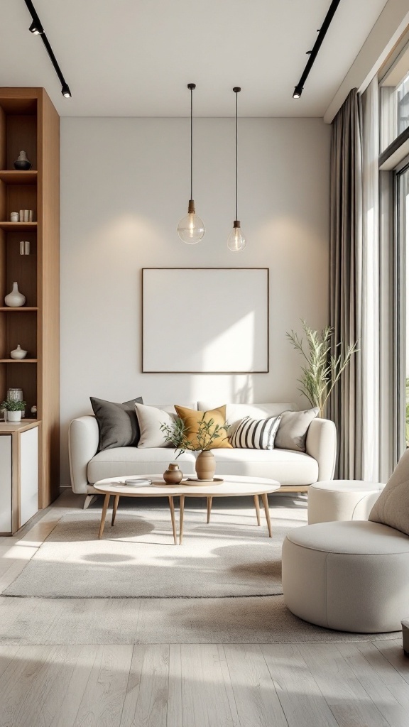 A modern living room with a sofa, coffee table, and stylish decor.