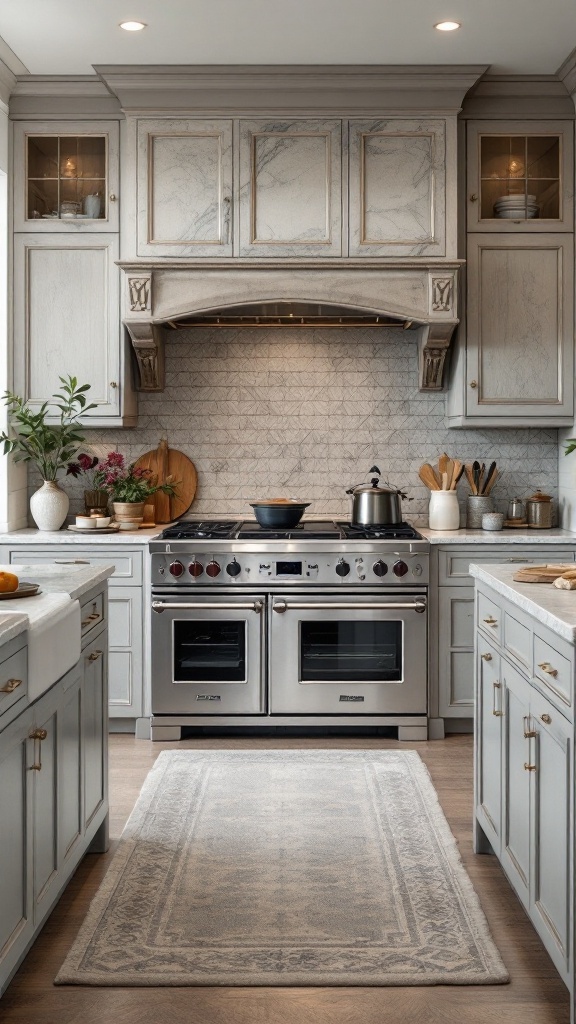 A gourmet kitchen featuring a large stove, elegant cabinetry, and stylish decor.