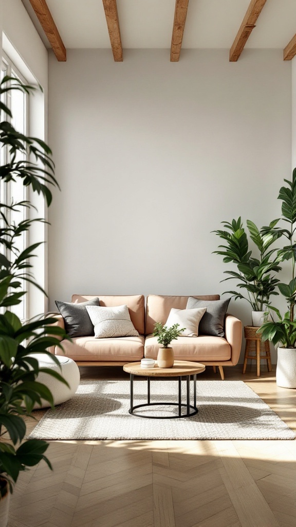 Modern living room with a pink sofa and greenery, showcasing a cozy atmosphere