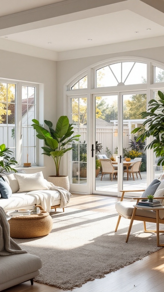 A modern living room and dining room combo with large arched windows letting in natural light, featuring plants and cozy furniture.